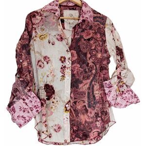 cino womens small paisley tab roll sleeve blouse pink shirt boho floral